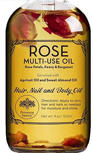 Rose Multi-Use Oil for Face, Body and Hair – Organic Blend of Apricot, Vitamin E and Sweet Almond Oil Moisturizer for Dry Skin, Scalp and Nails – Rose Petals, and Bergamot Essential Oil – 4 Fl Oz