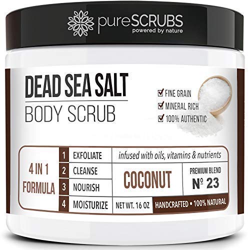pureSCRUBS Premium Organic Body Scrub Set – Large 16oz COCONUT BODY SCRUB – Dead Sea Salt Infused Organic Essential Oils & Nutrients INCLUDES Wooden Spoon, Loofah & Mini Organic Exfoliating Bar